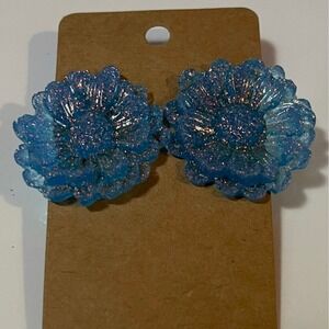 Handmade epoxy resin large flower earrings-light blue glitter w/ rosegold flecks